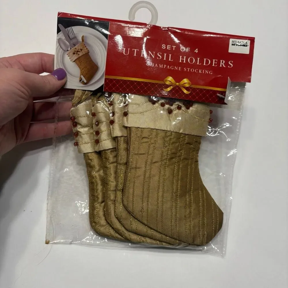 Set of 4 Gold Champagne Beaded Christmas Stocking Utensil Holder